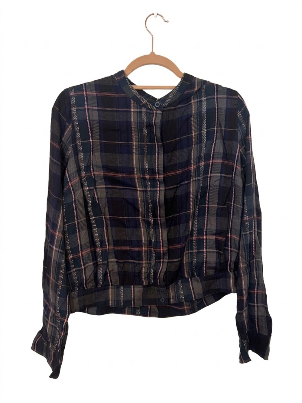 Kut from the Kloth Navy and Pink Plaid Button-Down Top